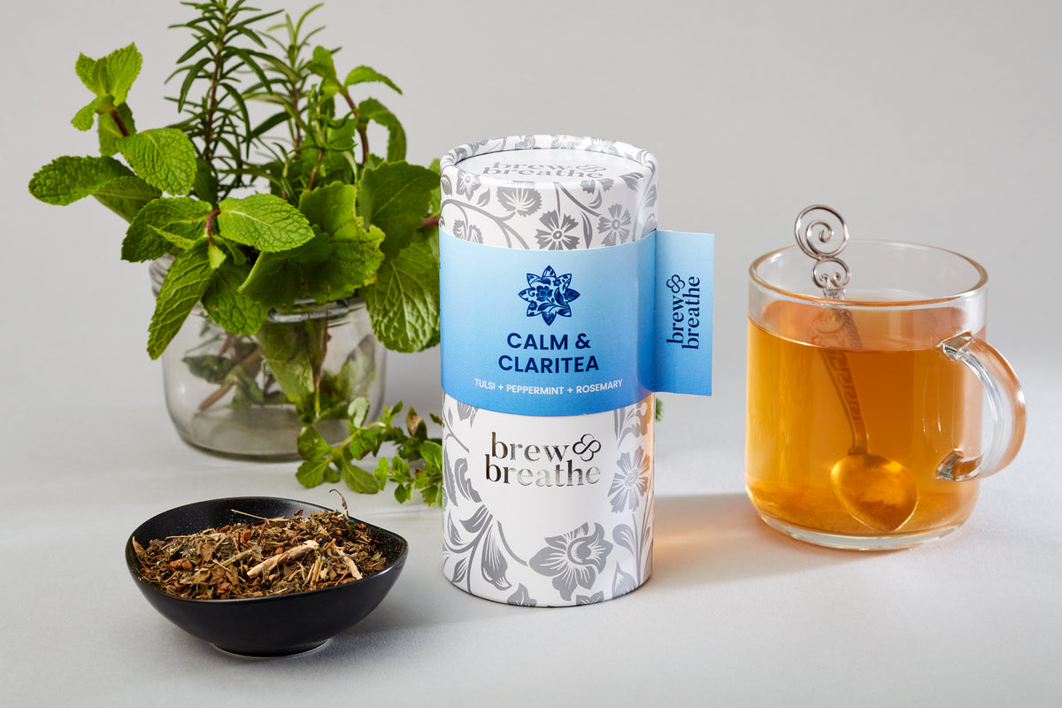 Calm and Claritea loose leaf herbal tea blend with tulsi peppermint and rosemary for anxiety relief
