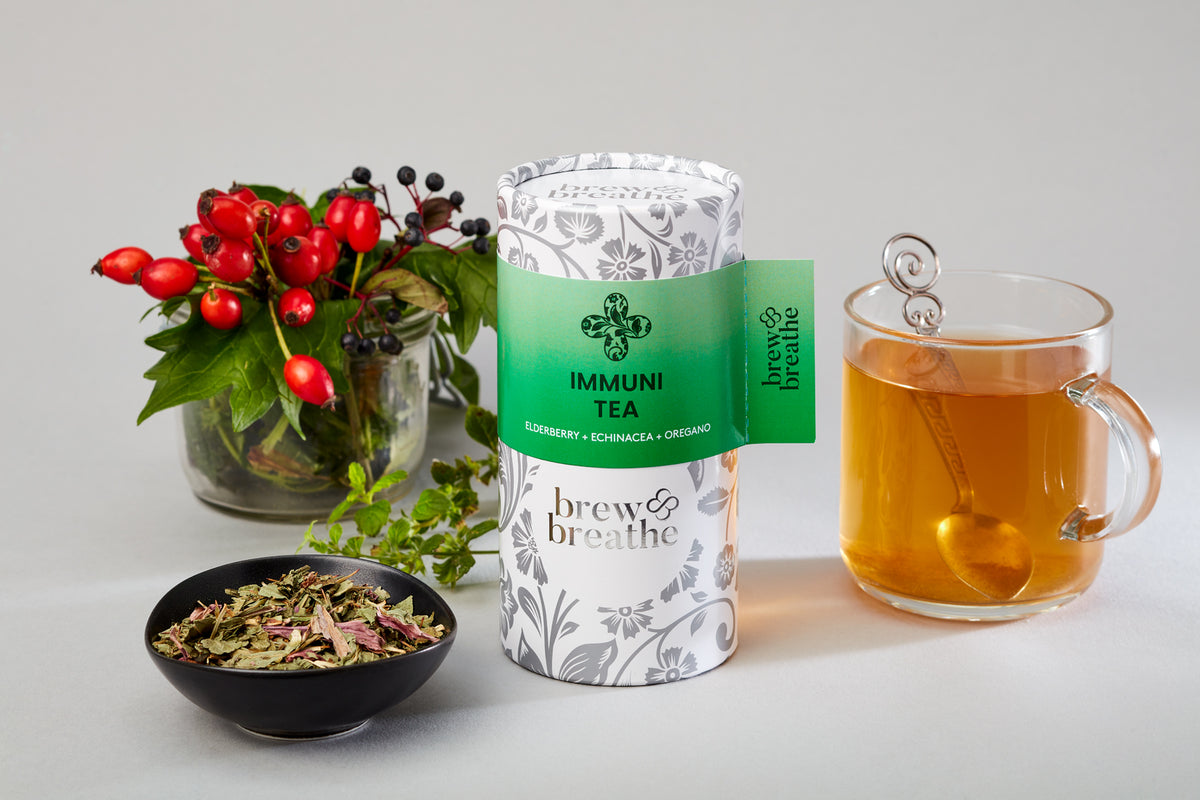 ImmuniTea loose leaf herbal blend with elderberry echinacea and oregano for immune support
