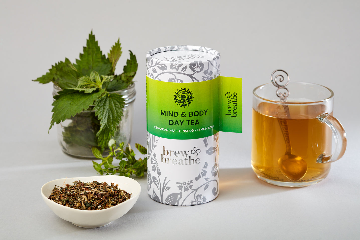 Mind and Body Day Tea loose leaf herbal blend with ashwagandha and ginseng in biodegradable pouch